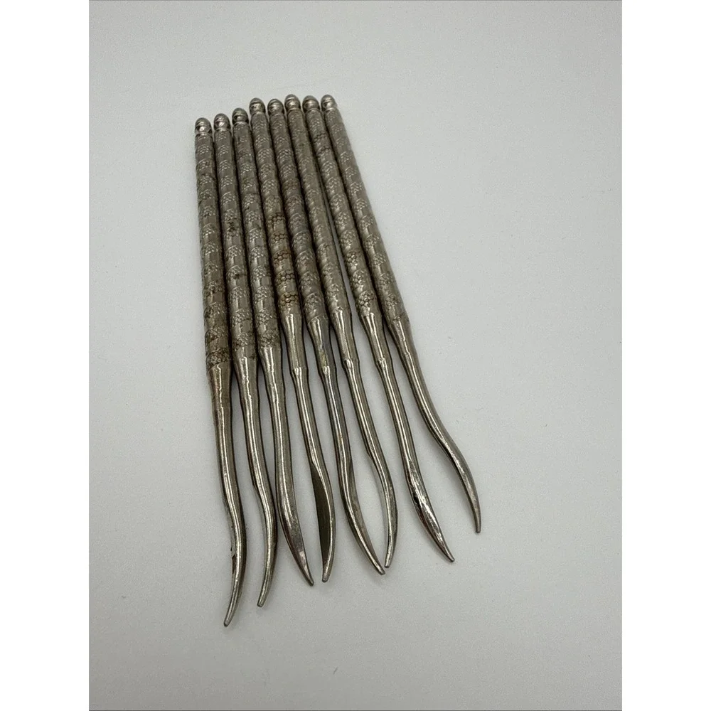 Set of 8 Vintage Silver Tone Textured Spiral Crab Lobster Seafood Picks Tools